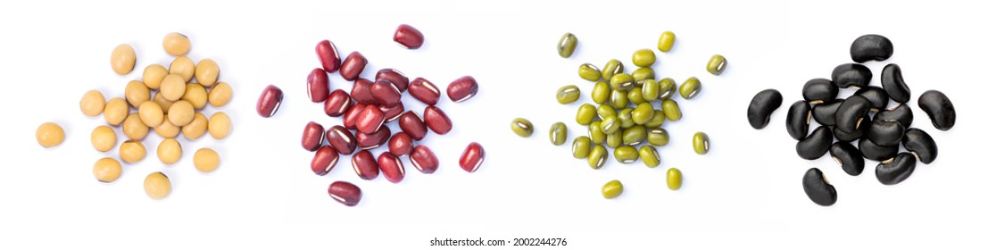 Collection of mix bean (soy beans, Adzuki bean, green mung, black bean) isolated on white background. Top view. Flat lay. - Shutterstock ID 2002244276