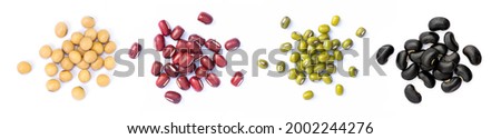 Collection of mix bean (soy beans, Adzuki bean, green mung, black bean) isolated on white background. Top view. Flat lay.