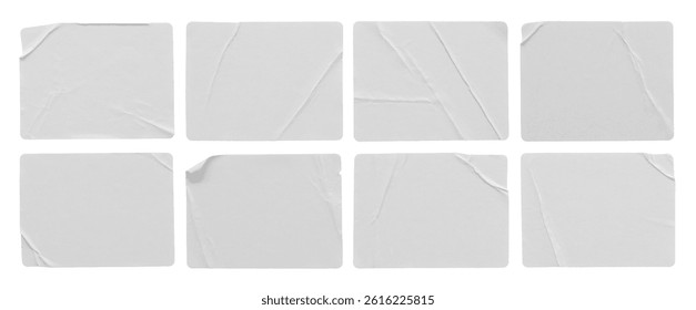 collection mockup crumpled stickers, white paper, adhesive or labels, wrinkled plastic stickers, blank template of labels or price tags. clipping path