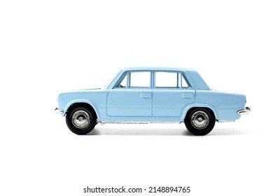 Collection model of a blue car made in Russia isolated on white.