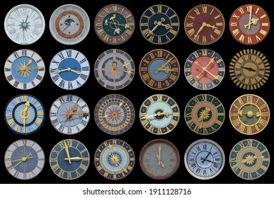 collection of multicolored ancient church tower clocks in different sizes and forms with roman numbers in regular rows on black background