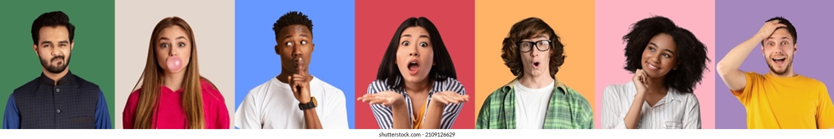 Collection Of Multiethnic Young People Showing Different Emotions On Bright Studio Backgrounds, Panorama. Collage Of Diverse Women And Men Expressing Various Feelings. Human Mosaic Concept