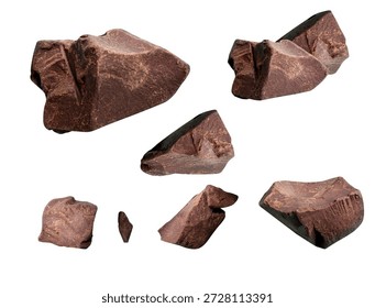 A collection of multiple distinct, broken pieces of dark chocolate, artfully arranged and seemingly suspended in mid-air against a stark white backdrop. This isolated studio photograph captures the raw, textured surface of the chocolate, highlighting its deep, inviting color and imperfections. Perfect for culinary blogs, recipe websites, advertising, or any project related to confectionery and indulgence.