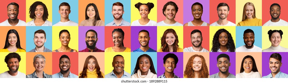 Collection Of Multiracial People Portraits With Different Smiling Men And Women Of Diverse Age And Ethnicity Posing On Colorful Studio Backgrounds. Social Variety. Collage, Panorama - Shutterstock ID 1892889115