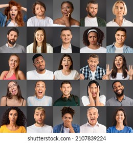 Collection Of Multiracial People Showing Different Emotions On Grey Studio Backgrounds. Collage Of Diverse Women And Men With All Kinds Of Face Expressions. Human Mosaic Concept