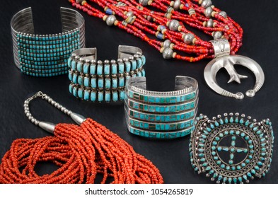  Collection Of Native American Turquoise, Silver And Coral Bead Jewelry. Cuff Bracelets And Bead Necklaces.