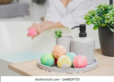 Collection of natural bath bombs for body care. Wellness and SPA concept.