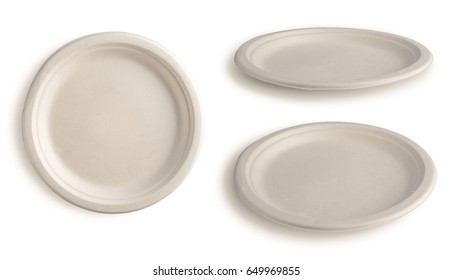 Collection of Natural plant fiber food plate isolated on white background,paper plate
