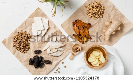 A collection of natural raw herbal ingredients as part of an herbal tonic formula used in Traditional Chinese Medicine (TCM) for cold and flu.