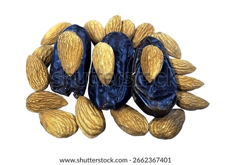 Collection of nuts Almonds and Dates isolated on white background