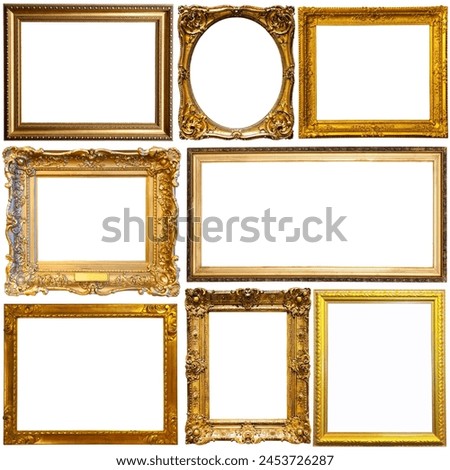 Collection of old empty art frames in different shapes isolated on white