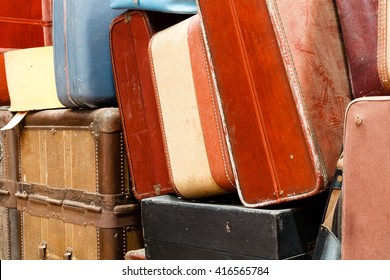 Collection Of Old Luggage And Baggage On Display At The Train Museum. Southeastern Railway Museum