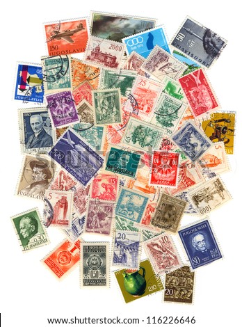 Collection of old postage stamps of Yugoslavia.