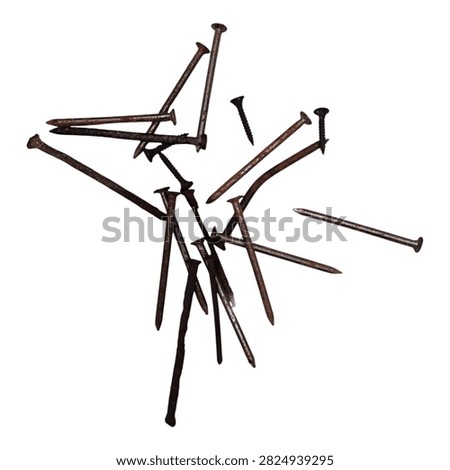 A collection of old rusty nails and screws of various sizes scattered randomly on a pure white background, isolated with clipping path. The metal fasteners show weathered, oxidized, and corroded surfaces, creating a vintage industrial hardware concept. Ideal for construction, carpentry, DIY, and hardware-related design projects.