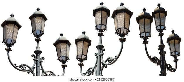 Collection Of Old Street Lamp Posts Isolated On White Background. Brescia Downtown, Loggia Town Square (Piazza Della Loggia), Lombardy, Italy, Southern Europe.