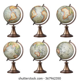 Collection Of Old Style World Globes Isolated On White Background. Showing All Continents