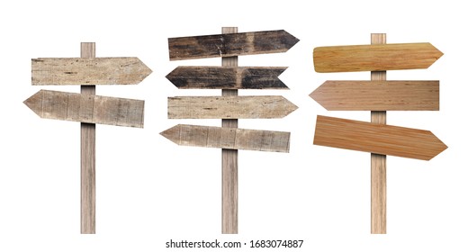 Collection of old various wooden sign isolated on white background. Object with clipping path.