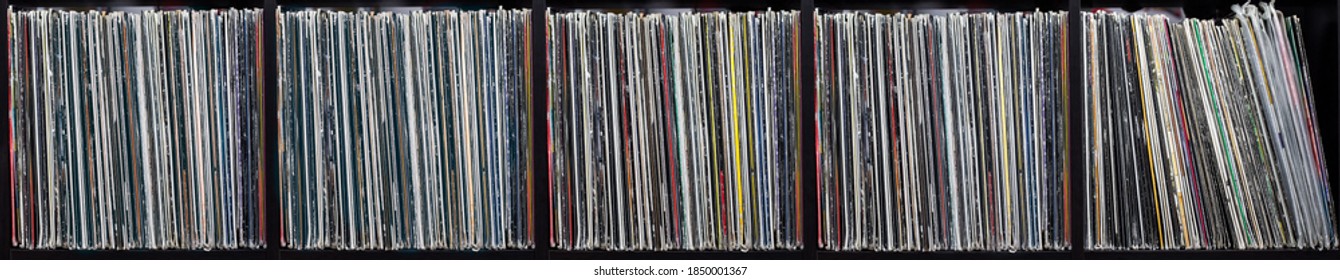 Collection of old vinyl records. closeup. Long banner