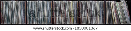 Collection of old vinyl records. closeup. Long banner