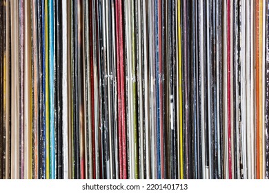 Collection Of Old Vinyl Records Stacked. Detail Of Album Cover. Concept Of Music.