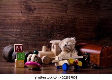 Collection Of Old Wood Children Toys With Teddy Bear