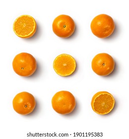 Collection Of Orange. Orange Fruits On White Background. Top View