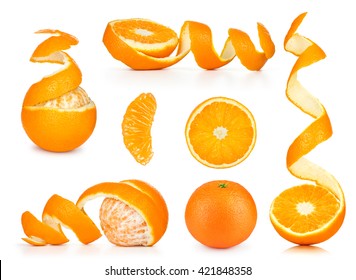 Collection of orange, slice and orange peeled skin isolated white background - Powered by Shutterstock