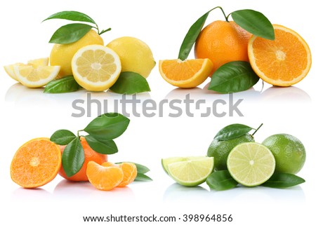 Collection of oranges mandarins lemons fruits isolated on a white background