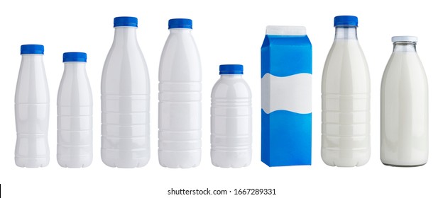 Collection of packaging for dairy products, plastic and glass bottles for milk and yogurt isolated on white background