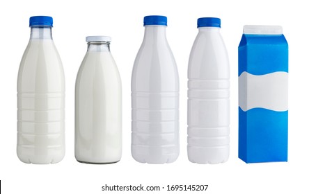 Collection of packaging for dairy products, plastic and glass bottles for milk and yogurt isolated on white background