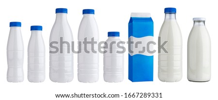 Collection of packaging for dairy products, plastic and glass bottles for milk and yogurt isolated on white background