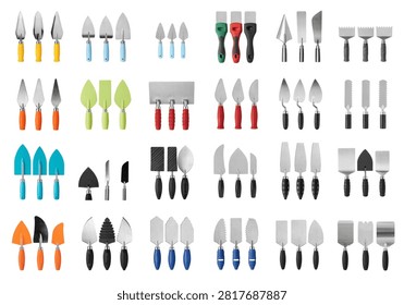 Collection of pastry tools including offset spatulas cake lifters and icing spreaders. Ideal for culinary professionals and home bakers creating desserts.