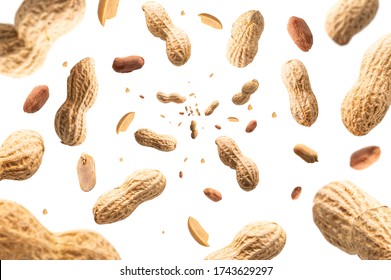 Collection of peanuts falling isolated on white background. Selective focus
