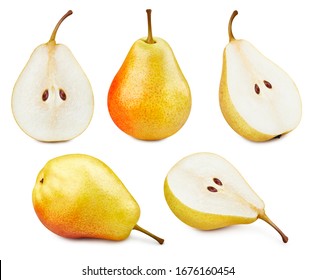 Collection Pears. Pears isolated on white background. Pears fruit clipping path. Pears macro studio photo