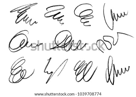 Collection of pencil strokes imitating signatures, isolated on white background