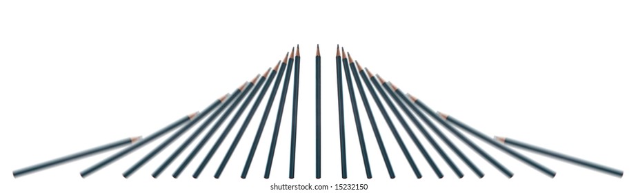 A Collection Of Pencils Tipping Over Like Domino Pieces. Isolated On White.