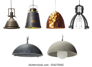 Collection Of  Pendants Isolated On White, Set Of Pendant Light Lamps Isolated 