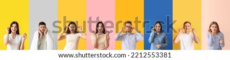 Collection of people with earplugs on color background