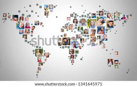 Collection of people portraits placed as world map shape. Global Business Concept.