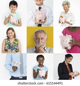 Collection Of People Saving Money In Piggy Bank