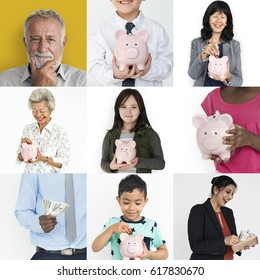 Collection Of People Saving Money In Piggy Bank