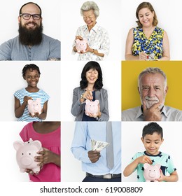 Collection Of People Saving Money In Piggy Bank