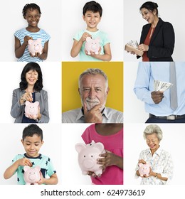 Collection Of People Saving Money In Piggy Bank