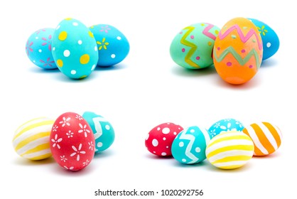 Collection of photos perfect colorful handmade easter eggs isolated on a white