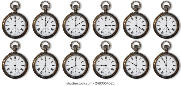 A collection of photos of a pocket antique silver watch on a white background with shadows. The collection contains the readings of the hand in 1-hour increments.