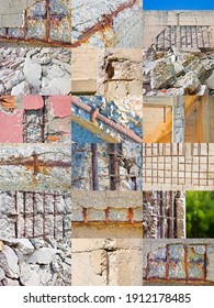 Collection of pictures about old reinforced cracked concrete structure with damaged and rusty metallic reinforcement bars.