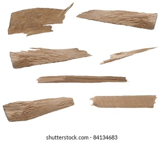 Collection pieces of broken planks of beech isolated on white background, texture