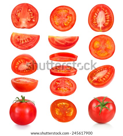 collection of pieces of tomatoes on a white background