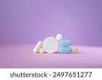 Collection of pills and tablets on flat surface with plain purple background. 