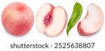 Collection of Pink Peach fruit with leaf isolated on white background, Fresh Peach on White Background With clipping path.